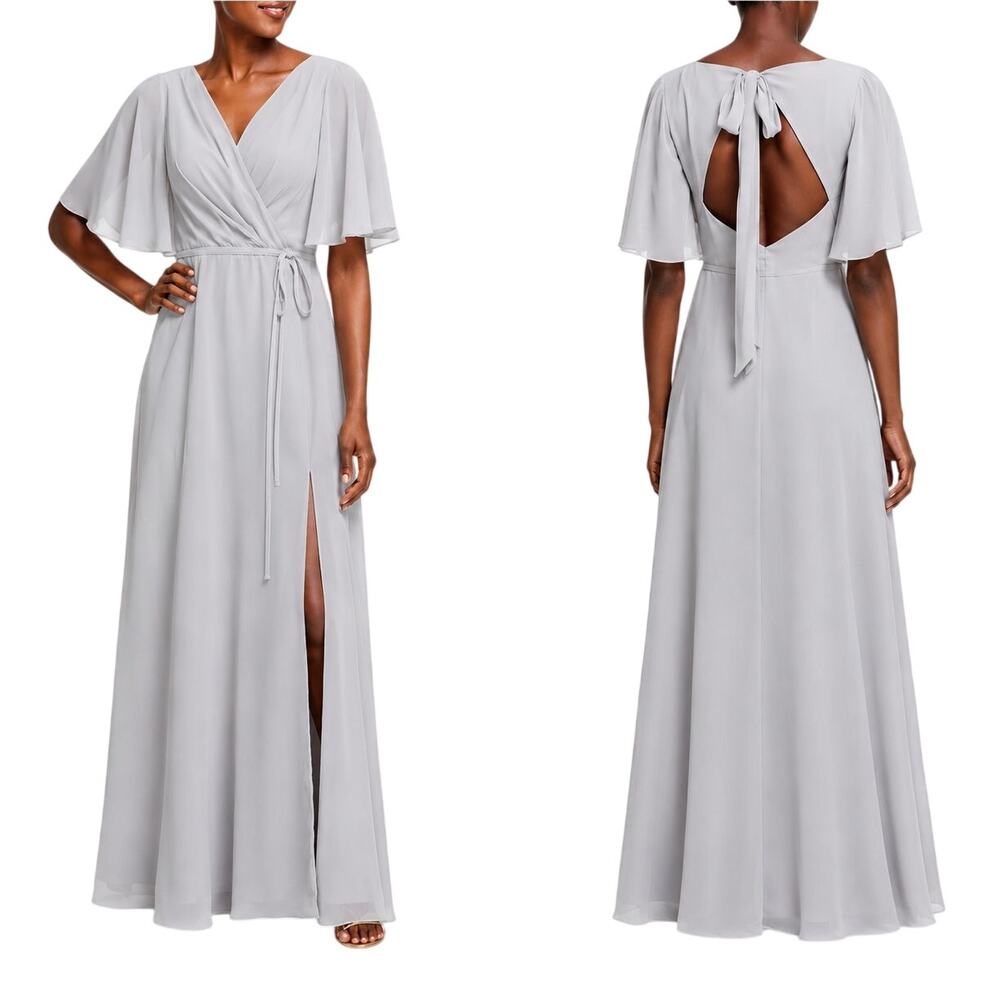 Marchesa Notte Bridesmaid Rome Draped Sleeve Rear Cutout Maxi Gown Gray Size 12